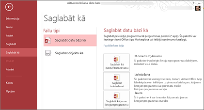 Opcija Saglabāt kā datu bāzi ekrānā Saglabāt kā