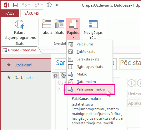 On Start makro komanda lentē.