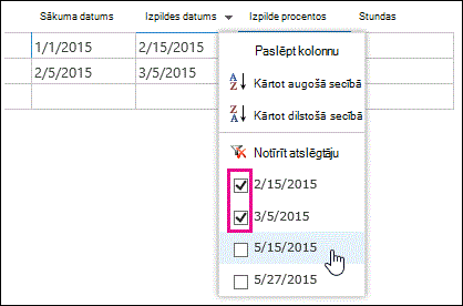 Filtra nolaižamā izvēlne datu lapā ar vairākām atlasītām vērtībām.