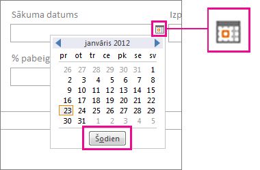 Datuma atlasītājs ar iezīmētu pogu Šodien.