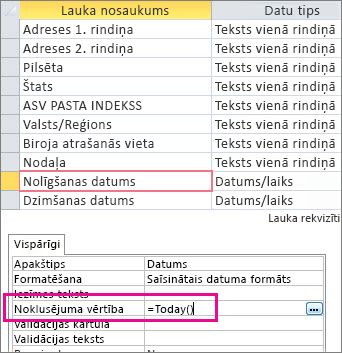 Lauka Date/Time noklusējuma vērtības iestatīšana Access tabulā.