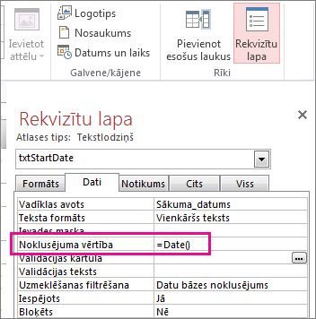 Rekvizītu lapa, kurā tiek rādīts rekvizīts Noklusējuma vērtība, kas iestatīts uz Date().