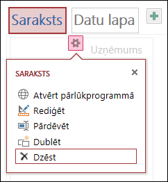 Saraksta skata iestatījumu izvēlne ar iezīmētu opciju Dzēst
