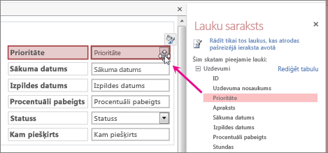 Lauka vilkšana no lauku saraksta uz skatu.