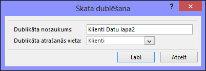 Duplicate view dialog showing name of duplicate box and location for duplicate box.