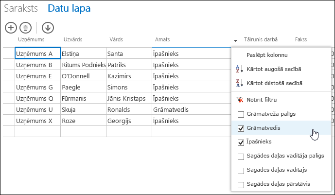 Filter options for Job Title column in datasheet