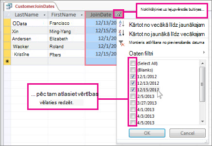 Vaicājuma kolonnas filtrēšana datora datu bāzē.