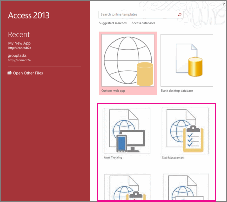 Lietojumprogrammu veidnes programmas Access 2013 sākuma ekrānā.