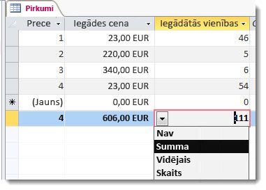 Kopsummas rinda ar summas un skaita funkciju