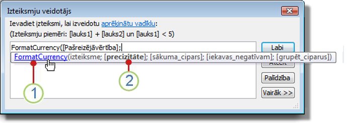 Funkcijai tiek parādīta īsa informācija.