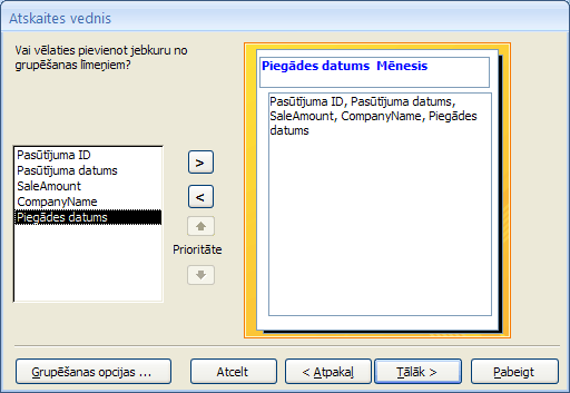 Grupēšanas līmeņu pievienošana Atskaites vednī