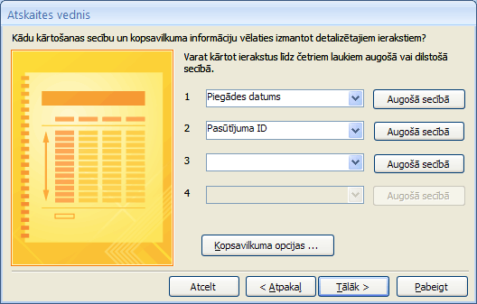 Kārtošanas secības Atskaites vednī