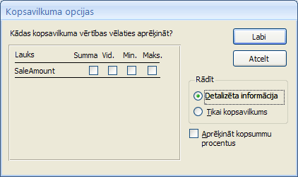 Kopsavilkuma opcijas Atskaites vednī