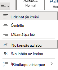 Izvēlne teksta līdzināšanai programmā OneNote tīmeklim.
