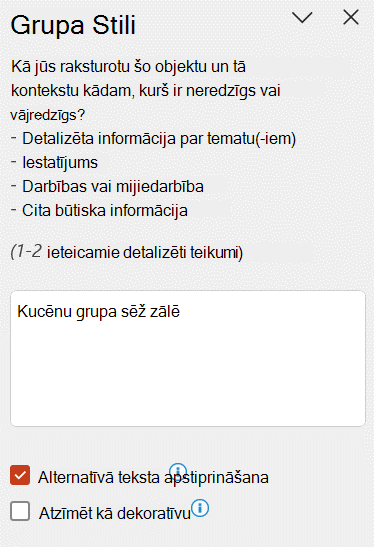 Alternatīvā teksta rūtī tiek rādīts automātiskais alternatīvais teksts ar atzīmētu izvēles rūtiņu Apstiprināt alternatīvo tekstu.