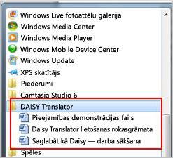 Izvēlne Sākt, kurā redzami DAISY faili pēc instalēšanas