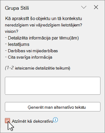 Alternatīvā teksta rūtī attēls atzīmēts kā dekoratīvs.