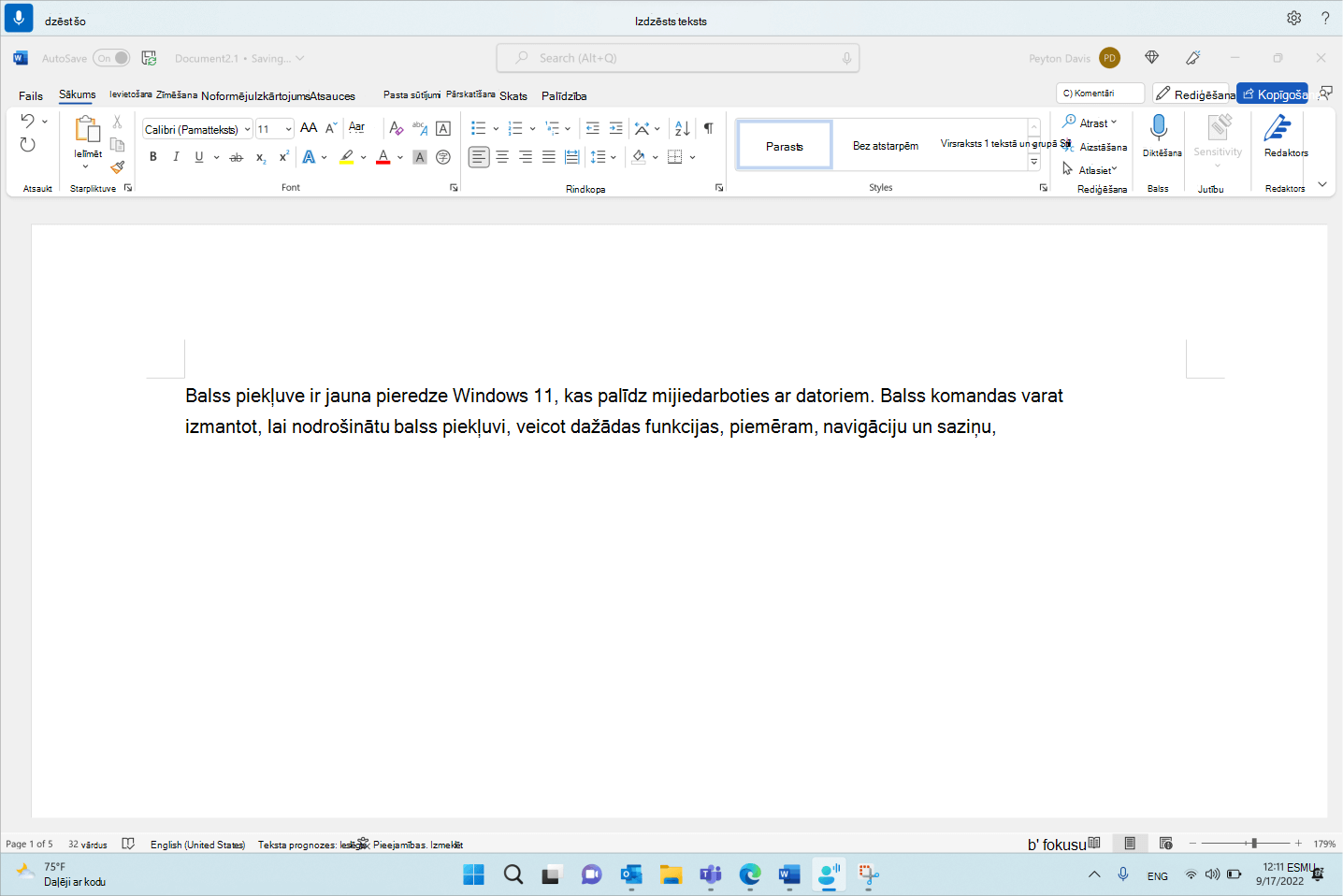 Word dokuments, kurā redzama balss piekļuves komanda Izdzēsiet to.