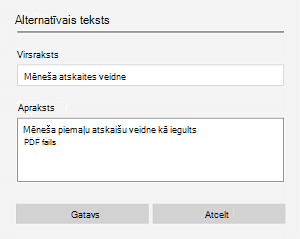 Iegultā faila alternatīvā teksta piemērs programmā OneNote darbam ar Windows 10.