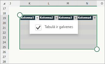 Tabula; atzīmēta izvēles rūtiņa Tabulai ir galvenes