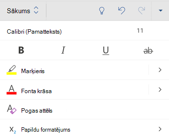 Fontu formatēšanas opcijas programmā Word darbam ar Android.