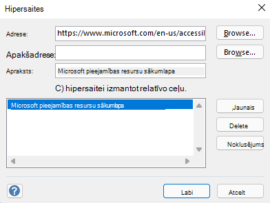 Dialoglodziņš Hipersaites programmā Visio darbam ar Windows.
