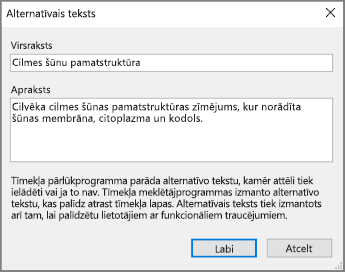Ekrānuzņēmums ar dialoglodziņu Alternatīvais teksts programmā OneNote ar piemēra tekstiem laukos Nosaukums un Apraksts.