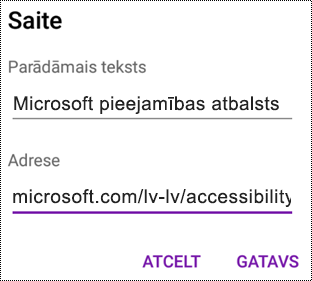 Dialoglodziņš Hipersaites pievienošana programmā OneNote darbam ar Android