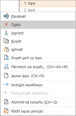 Lapas dzēšana programmas OneNote darbam ar Windows dialoglodziņā
