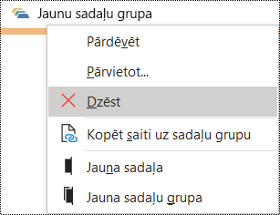 Sadaļu grupu dzēšana programmas OneNote darbam ar Windows dialoglodziņā