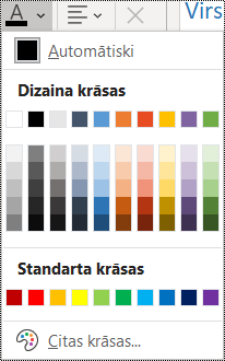 Ekrānuzņēmums ar fonta krāsas opciju izvēlnē Sākums.