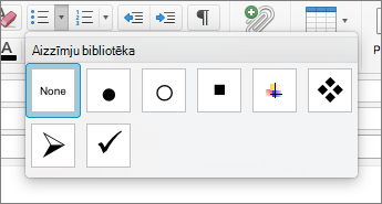 Pieejamās aizzīmju stila opcijas aizzīmju bibliotēkā programmā Outlook darbam ar Mac.