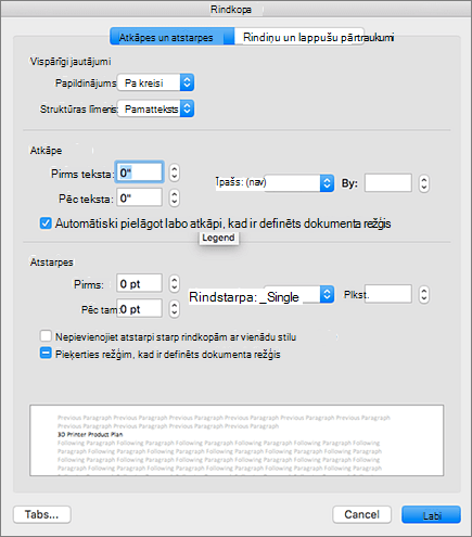 Dialoglodziņš Rindkopa programmā Outlook darbam ar Mac.