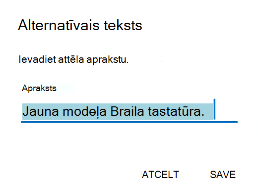 Outlook darbam ar Android alternatīvā teksta dialoglodziņš.