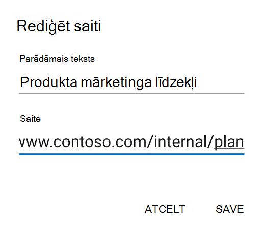 Outlook darbam ar Android saites rediģēšanas dialoglodziņš.