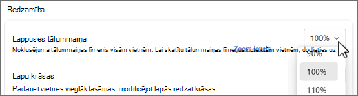 Lapas tālummaiņas līmeņu nolaižamā izvēlnes ekrānuzņēmums.
