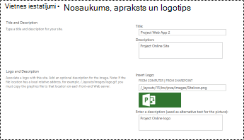 Vietnes apraksts un vietnes logotipa alternatīvais teksts pakalpojumā Project Online