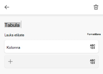 Tabulas nosaukuma teksta lauks programmā Excel darbam ar Android