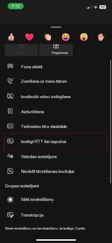Citas darbības Teams sapulcei iOS ierīcē.