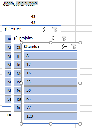Datu griezums filtrē Excel darblapā.