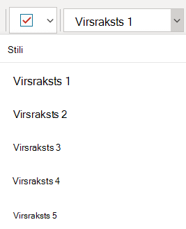 Izvēlne Stili, kurā redzami dažādi virsraksta stili programmā OneNote darbam ar Windows 10.