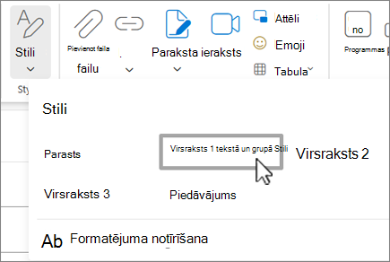 Izvēlne Stili programmā Outlook tīmeklī.