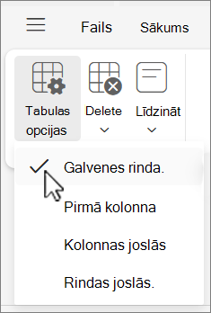 Tabulas opciju izvēlne, kas rāda atlasītu opciju Galvenes rinda programmā Outlook tīmeklī.
