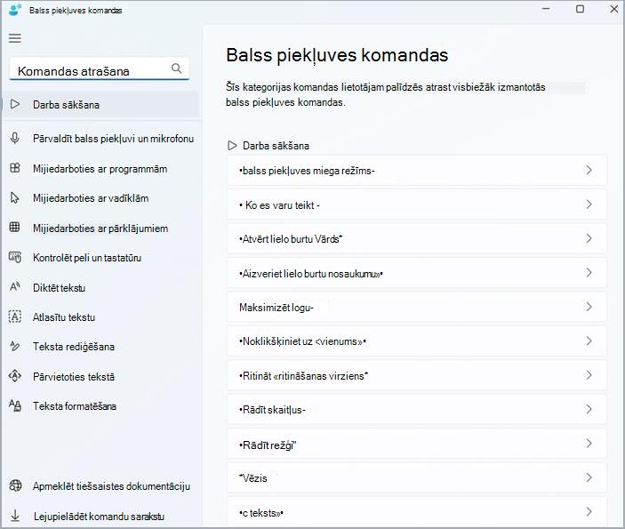 Balss piekļuves komandu palīdzības galvenā lapa.