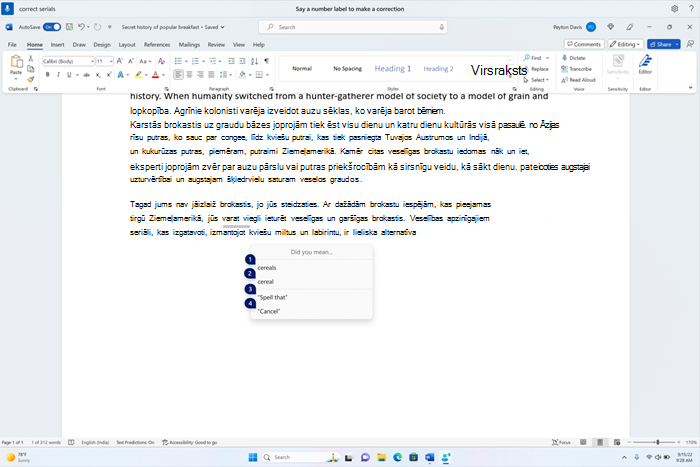Word dokuments, kurā redzams logs labojumi ar kandidātiem teksta labībai.