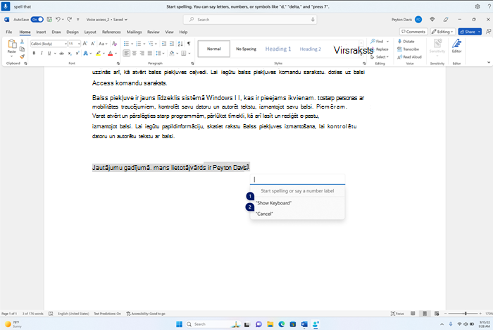 Pareizrakstības logs ir peldošs virs Word lietojumprogrammas, ar tukšu tekstlodziņu un opcijām parādīt tastatūru vai atcelt ar ciparu etiķetēm.