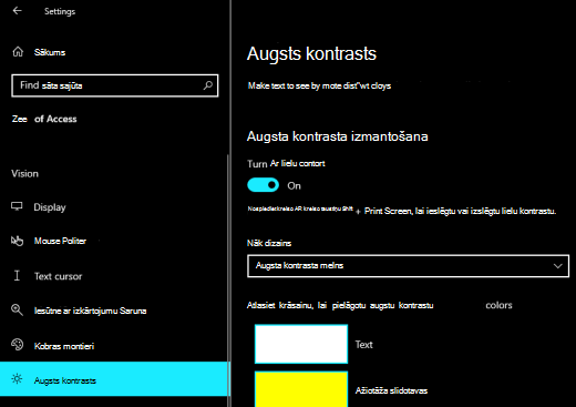 Windows augsta kontrasta opcijas ar atlasītu opciju Melns augsts kontrasts.