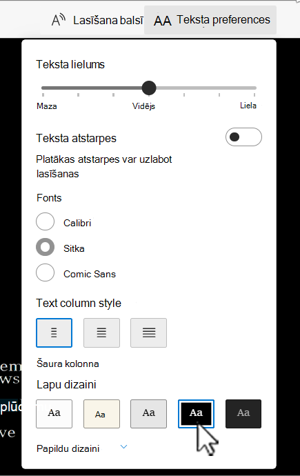 Tīrskata lasītājs teksta preferenču opcijas programmā Word