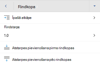 Word darbam ar Android rindkopas formatēšanas izvēlne