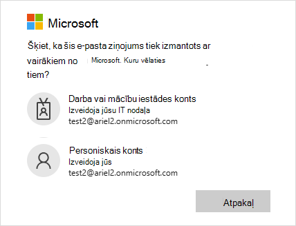 Pierakstīšanās ekrāns ar divām e-pasta adresēm